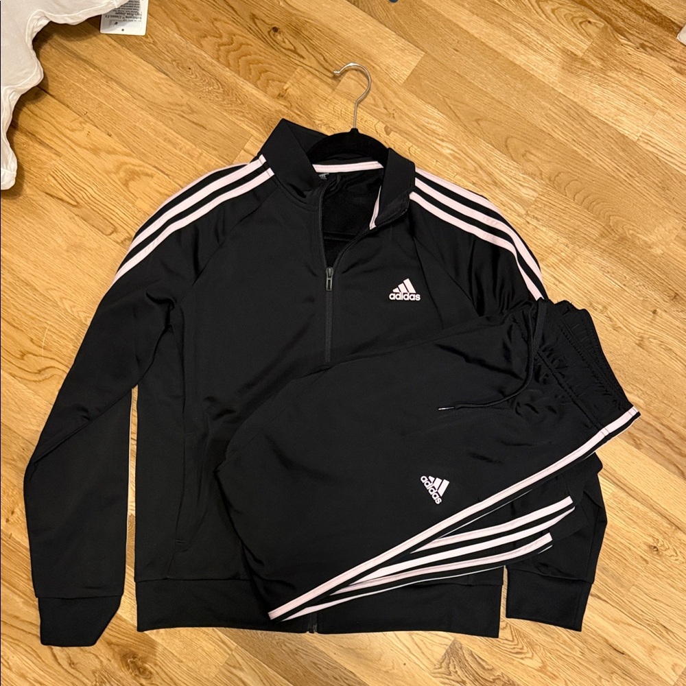 Adidas Black Tracksuit with Pale pink logo and stripes